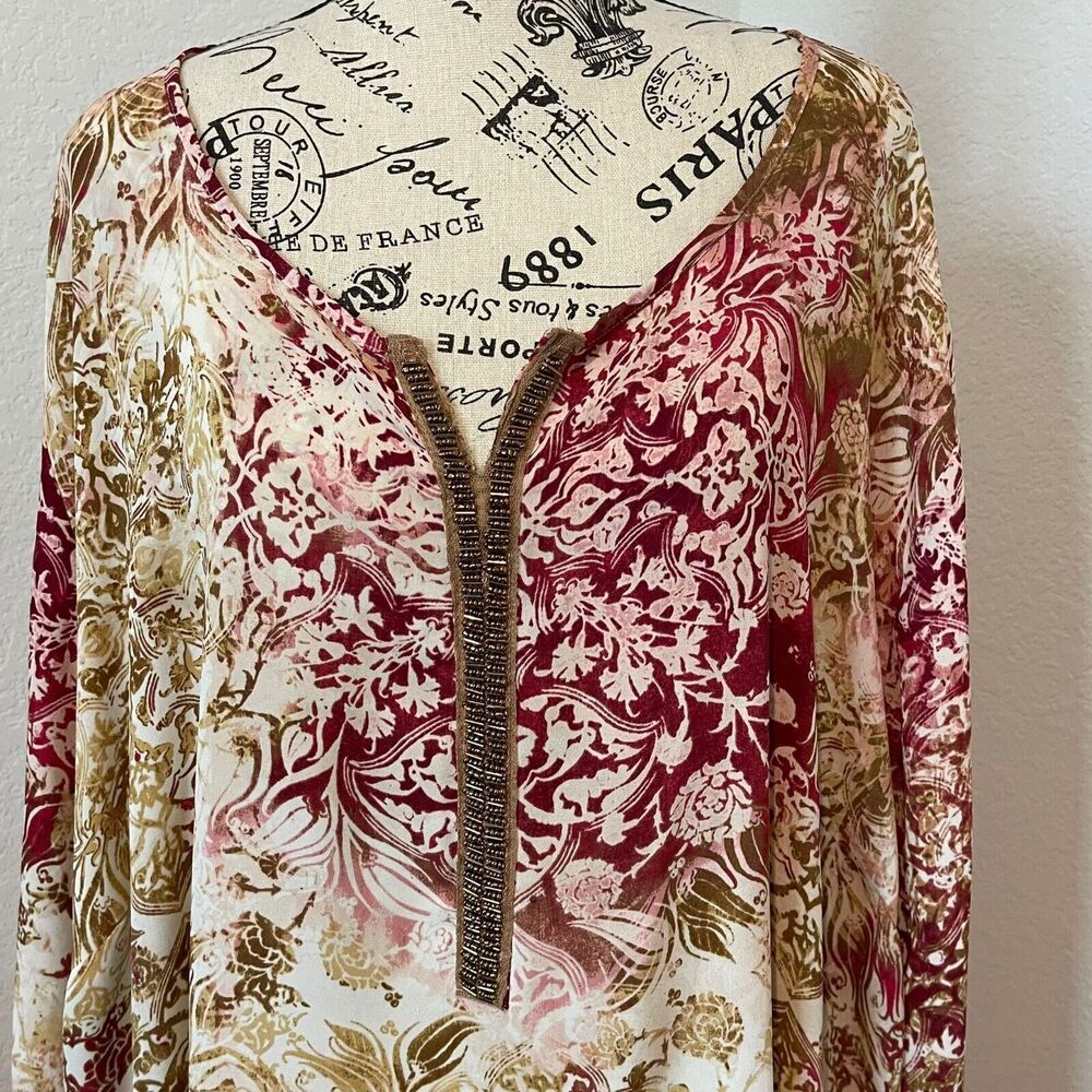 Catherines Top Womens Plus 5X Boho Scarf Print Beaded Long Sleeve Flowy Popover - Picture 3 of 10